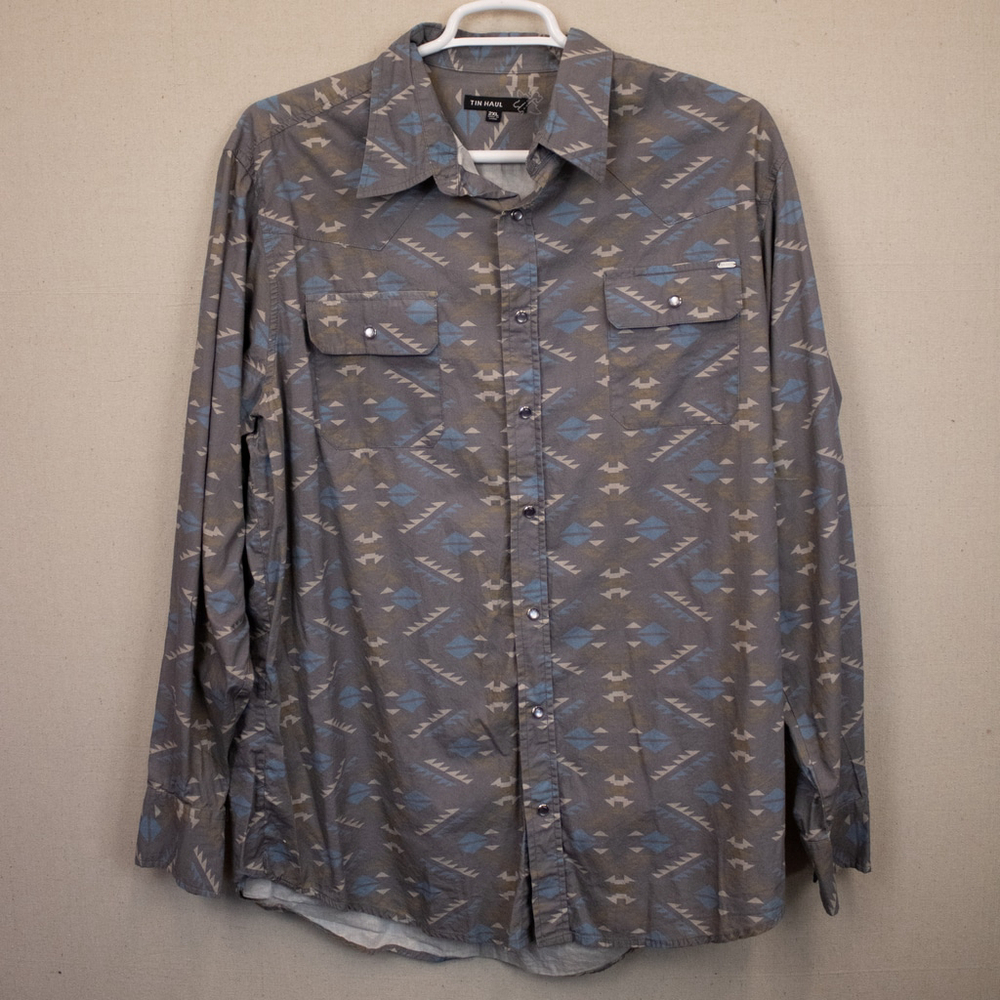 Tin Haul grey western pearl snap long sleeve button down shirt-2XL